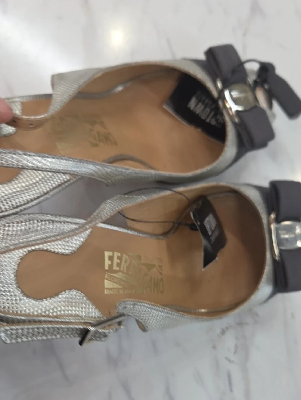 Salvatore Ferragamo Silver Slingback Peep-Toe Heels with Dark Bow